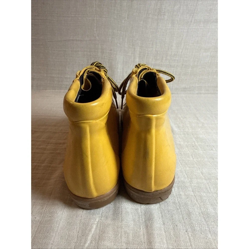Lands' End Rain Boots Sz Woman 9/10 Yellow Rubber Ankle Lace Up Waterproof‎ Duck